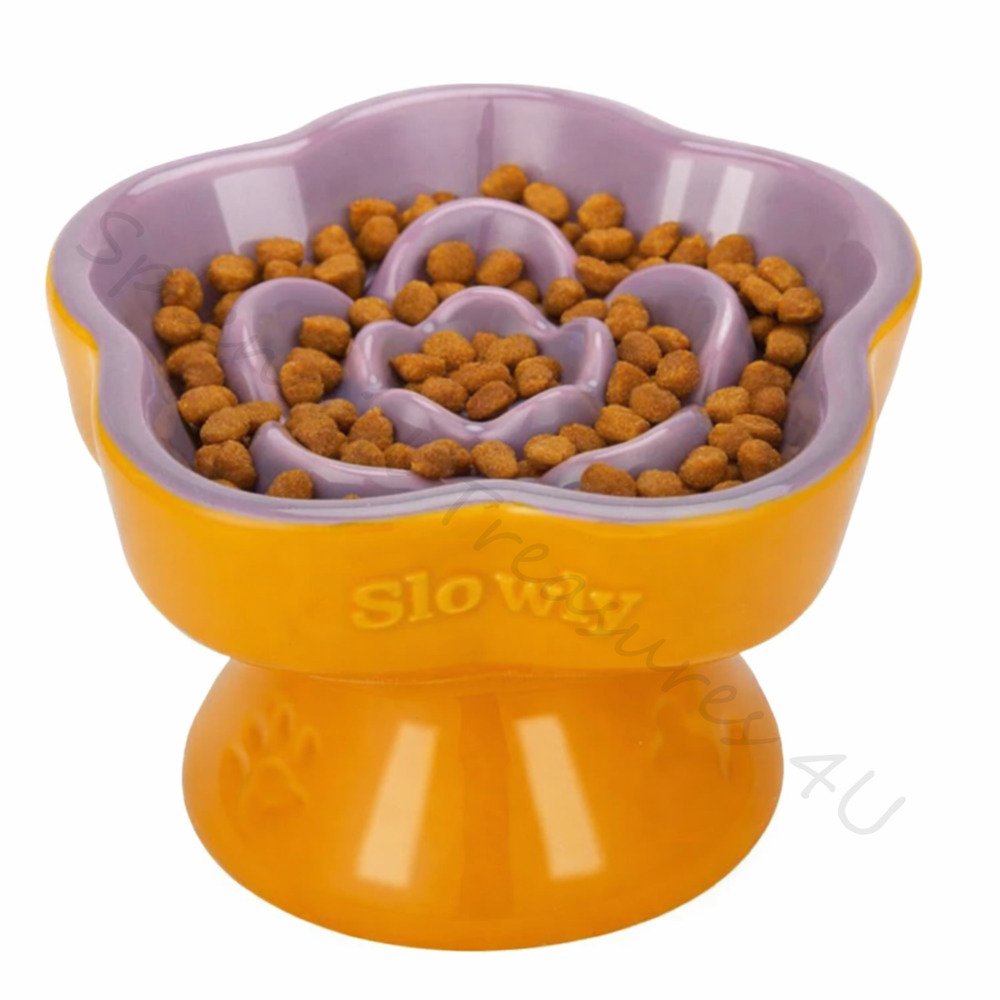 Raised Slow Feeder Dog Cat Food Bowl for Small Pets Purple Tilted Ceramic Dish - Picture 6 of 6